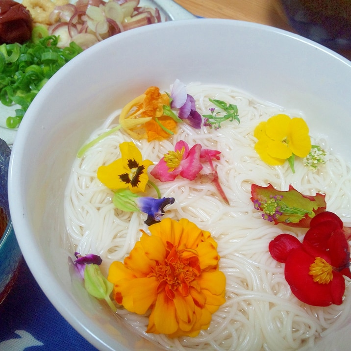 エディブルフラワーで華やかに☆冷やしそうめん